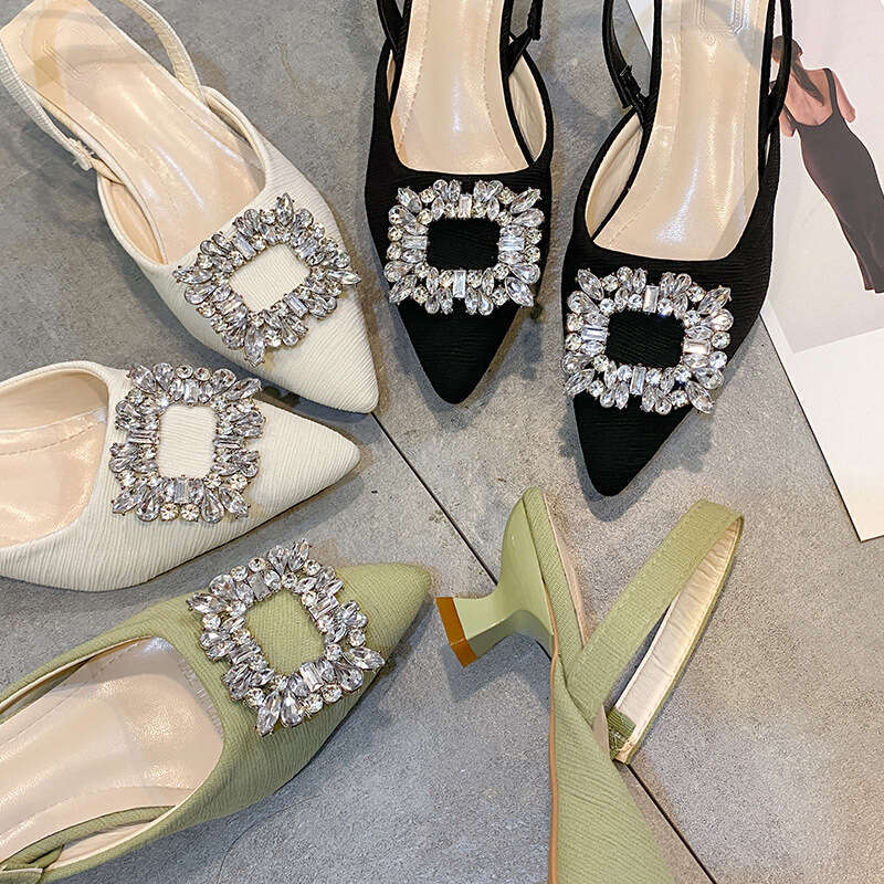 DHGargets 2023 Autumn Women's Low Heel Sandals, Pointed Toe Open-Back Dress Shoes with Rhinestones, Patent Leather Slip-On Pumps