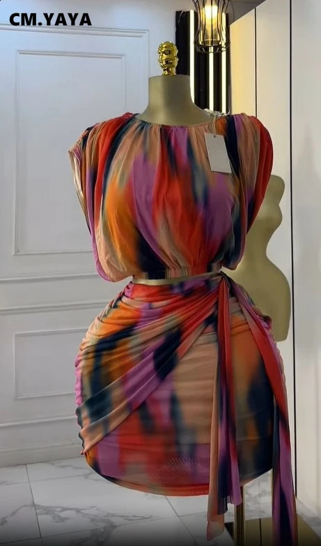 CMYAYA Tie Dye Printed Womens Set Ruched Short Sleeve TShirt Tops and Stacked Mini Skirts Suit Two 2 Piece Sets Outfit 250918