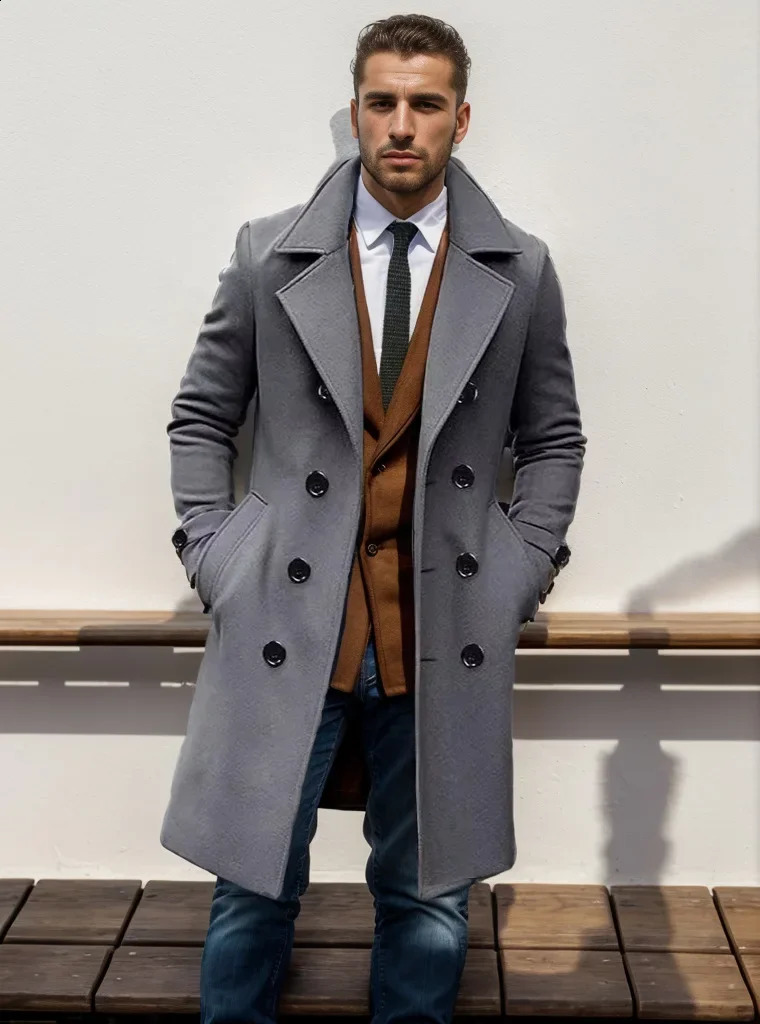 Men Double Breasted Trench Coat Wool Blend Autumn Winter Solid Casual Slim Fit Long Jacket Wool Coat Fashion Male Clothing 250827