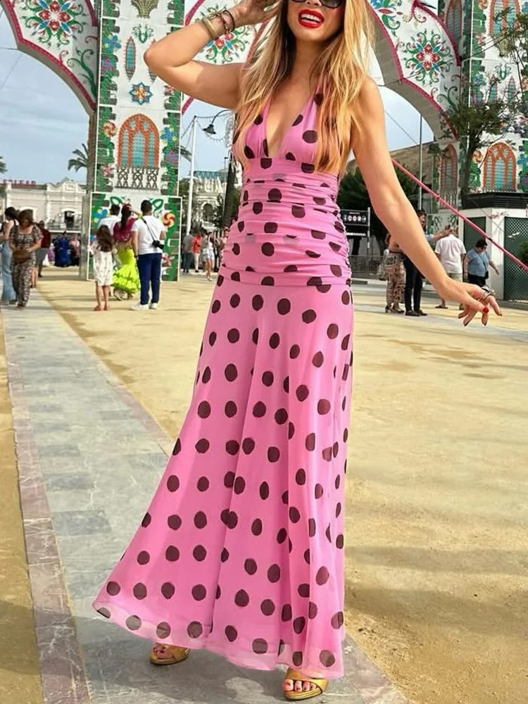 Trendix Pink Print Pleated Maxi Dress Womens Summer V Neck Sexy Backless Vintage Long Dresses Fall Party Elegant Dress 250826