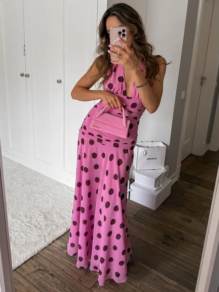 Trendix Pink Print Pleated Maxi Dress Womens Summer V Neck Sexy Backless Vintage Long Dresses Fall Party Elegant Dress 250826