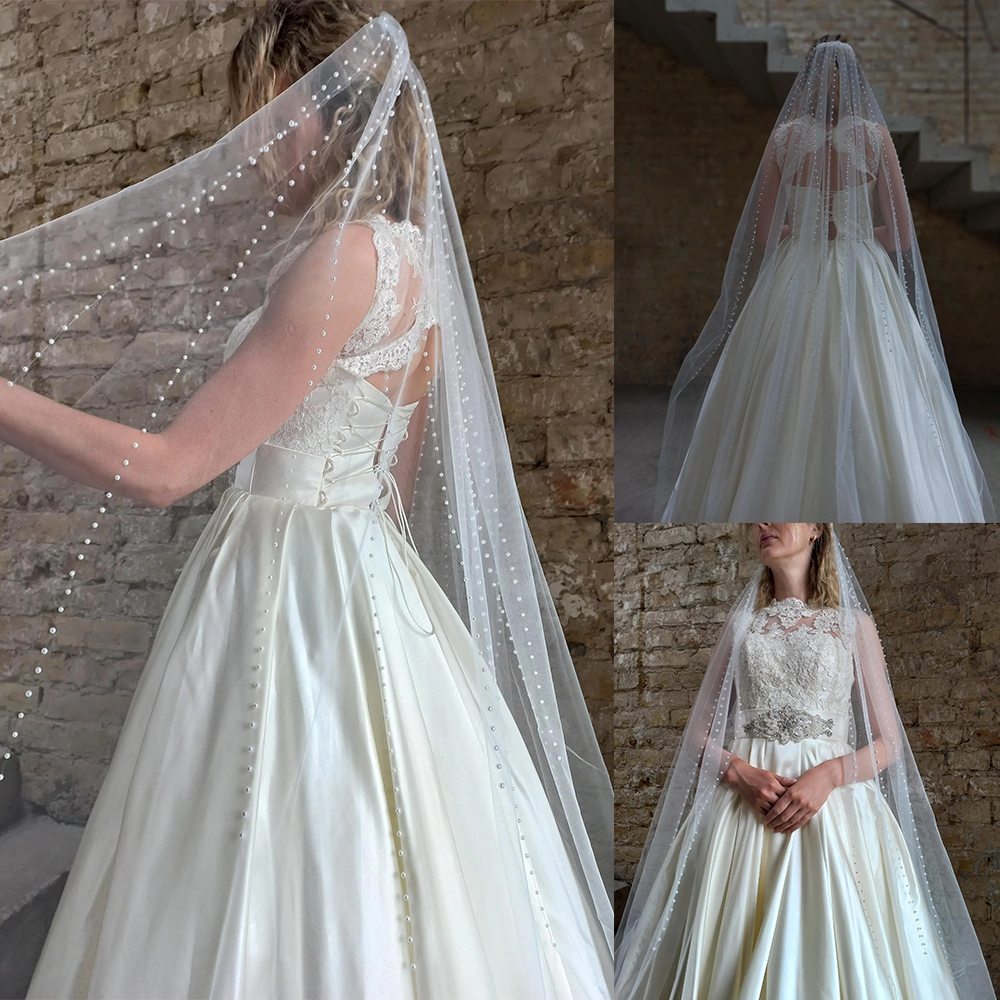 Classic Wedding Veil Beaded Pearls 2M Royal Bridal Veil with Comb Long Special Beaded Cut Veil White Ivory Wedding Accessories Customized
