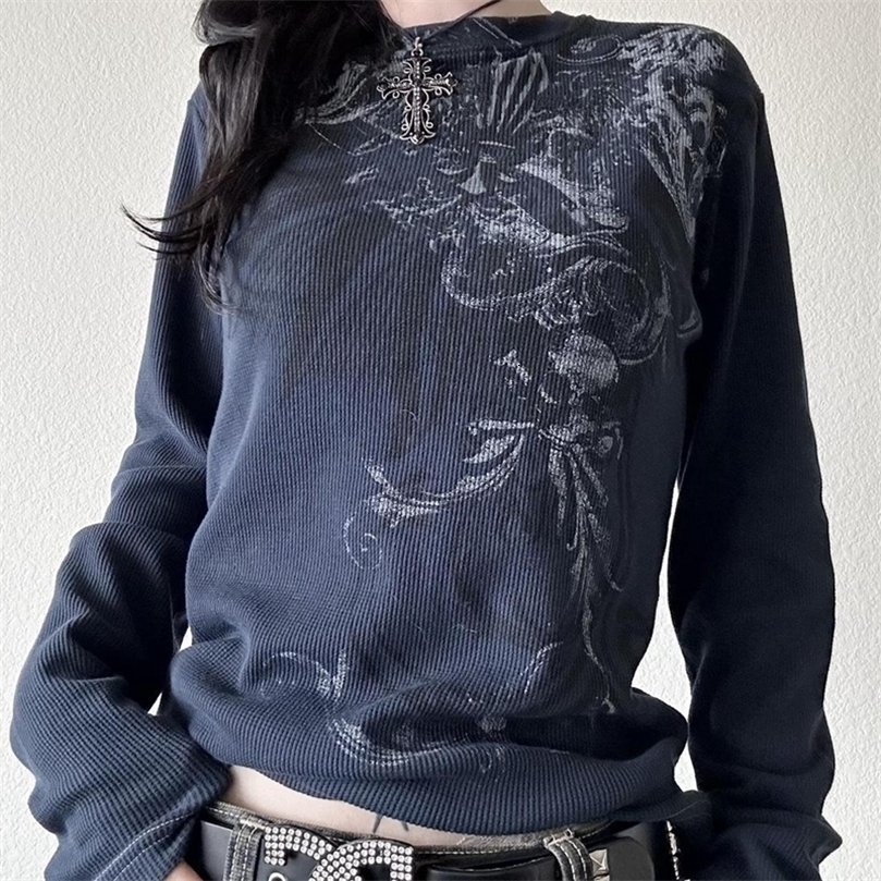 Y2K Grunge Cyber Mall Goth Thermal Tshirt Skulls Graphic Print Long Sleeve Pullovers Tops Women 90s Vintage Aesthetic Tees250826