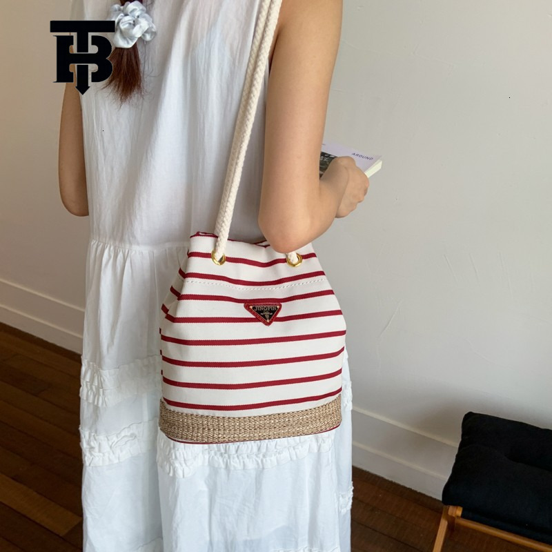 TB BHULAMTE Designer Luxury Women's Drawstring Striped Bucket Crossbody Bag Handbag Summer Versatile Retro Commuter Simple Texture Single Shoulde