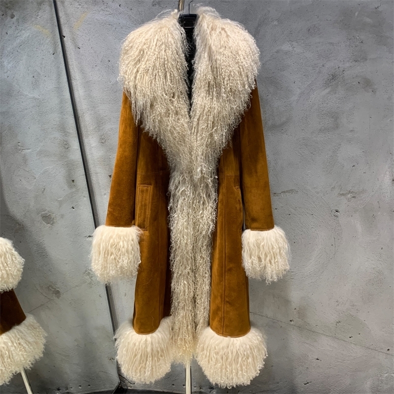 Suede Coat Fur Collar Women Autumn Genuine Sheepskin Long with Mongfolian Trim y250826