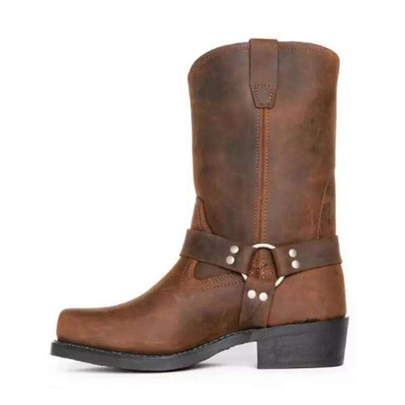 Retro Cowboy Mid Calf Western Boot Men Pu Leather Man Slip On Shoes Winter Knight Boots Booties Plus Size 48