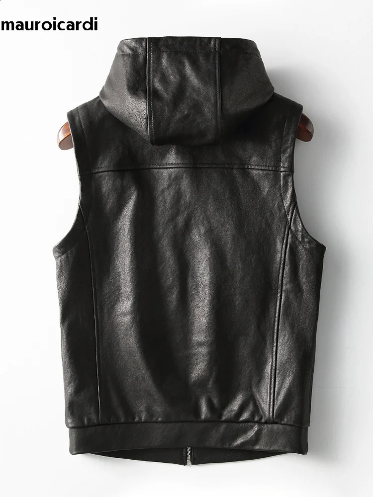 Mauroicardi Spring Autumn y Elegant Cool Black Pu Leather Vest for Men with Hood Zipper Sleeveless Jacket Clothing 250827