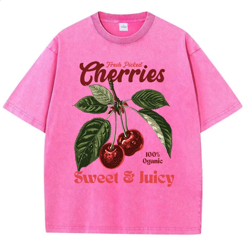 Fresh Picked Cherries Cottonwashed T Shirts Women Sweet Fruit Print TShirt Distressed Oversize ONeck Tops Street Woman Clothes 250827