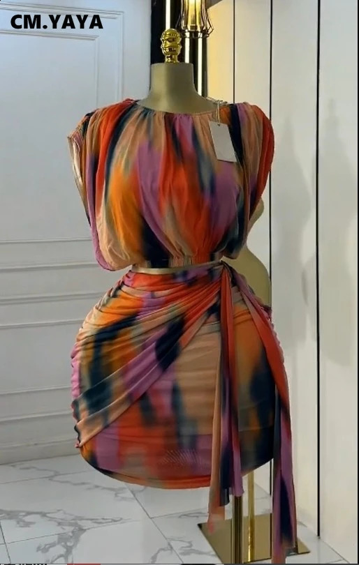 CMYAYA Tie Dye Printed Womens Set Ruched Short Sleeve TShirt Tops and Stacked Mini Skirts Suit Two 2 Piece Sets Outfit 250918