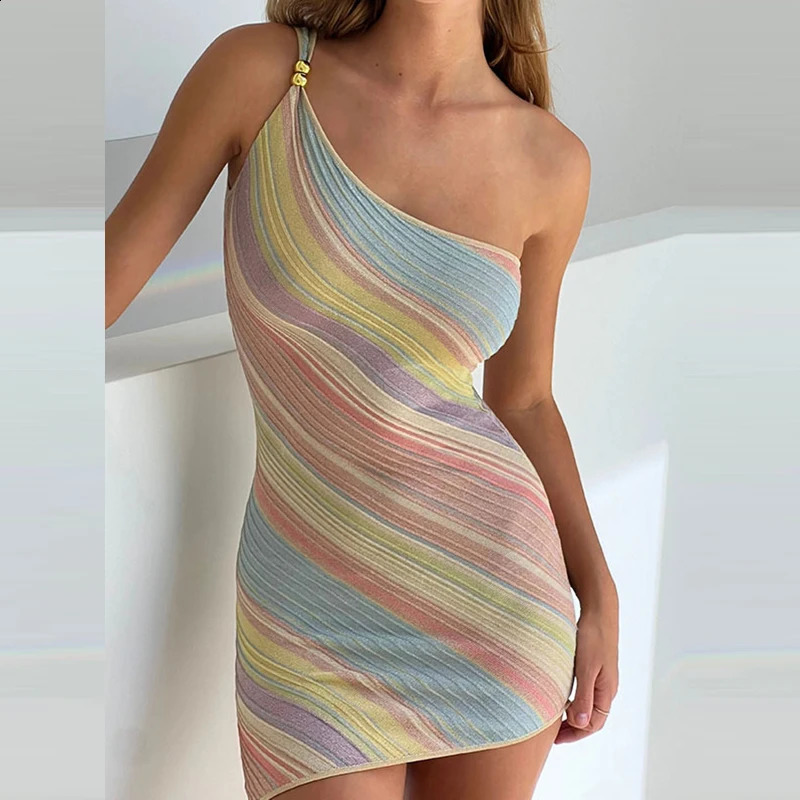 Spring Colorful Striped Print Slim Fit Hips Dress Women Sexy Skew Collar Backless Mini Dress Summer Oneshoulder Sling Dress 250827