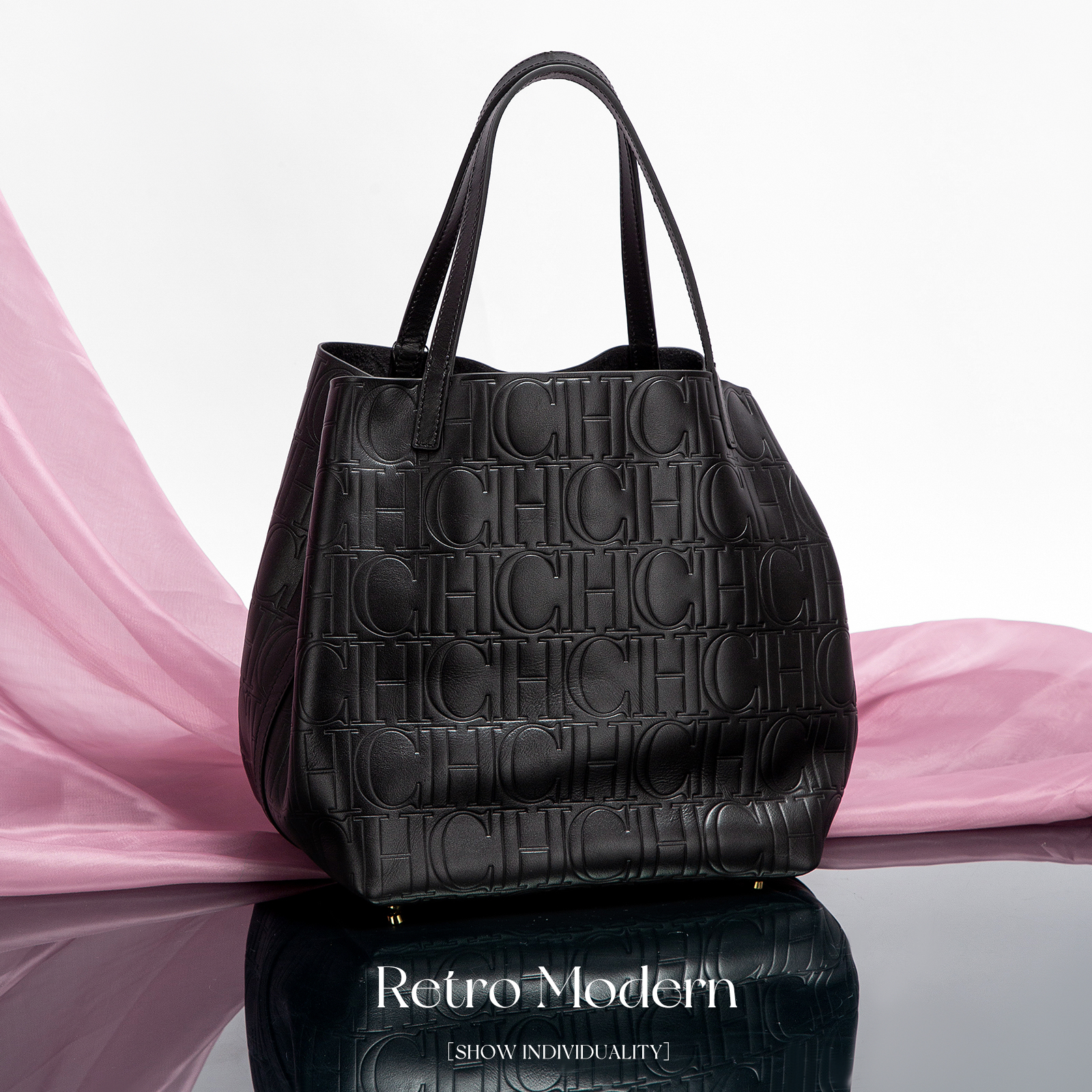 CHCH Genuine Leather Totes Embossed Geometric Letter Patterns Structured Silhouettes Adjustable Straps & Durable Cowhide Totes