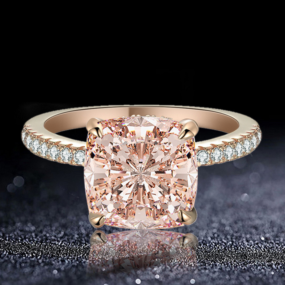 925 Sterling Silver High Carbon Diamond 5 Carat Fat Square Morganite Pink Diamond Ring Highend Silver Jewelry Wedding Ring for Women