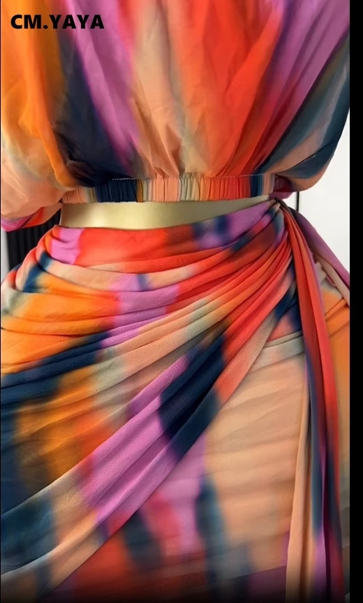 CMYAYA Tie Dye Printed Womens Set Ruched Short Sleeve TShirt Tops and Stacked Mini Skirts Suit Two 2 Piece Sets Outfit 250918