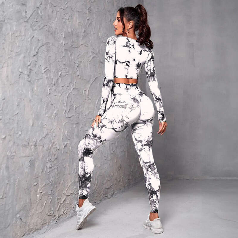 Long Sleeve Set for Women High Waist Hip-Lifting Stretch Tie-Dye Yoga Pants Sports Running Fitness Outfit