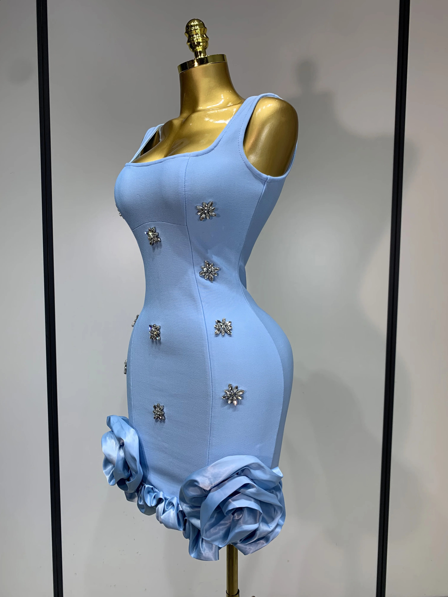 Women Sexy Square Collar Sparkly Rhinestone Bodycon Mini Bandage Dress Celebrate Evening Party Elegant y Birthday 250827