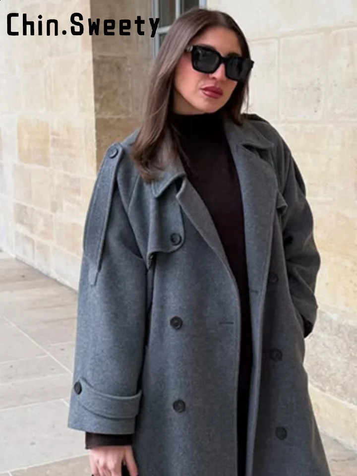 Elegant Grey Lapel Long Woolen Coats Women Buttons Double Breasted Pocket Lace Up Coat Autumn Winter Lady Thick Jackets 250826