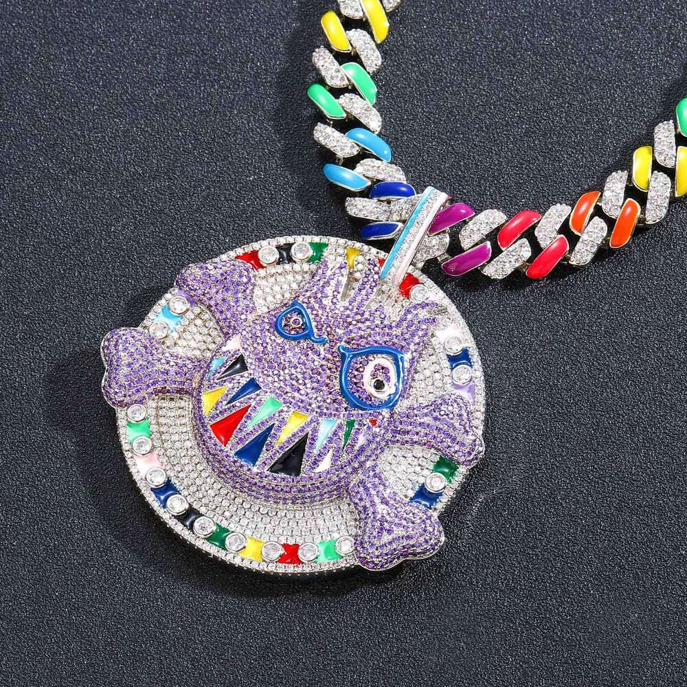 Cartoon Expression Pendant Micro Paved Zircon Purple Disc Ghost Face Skull Personality Exaggerated Hip Hop Necklace 78c8 028