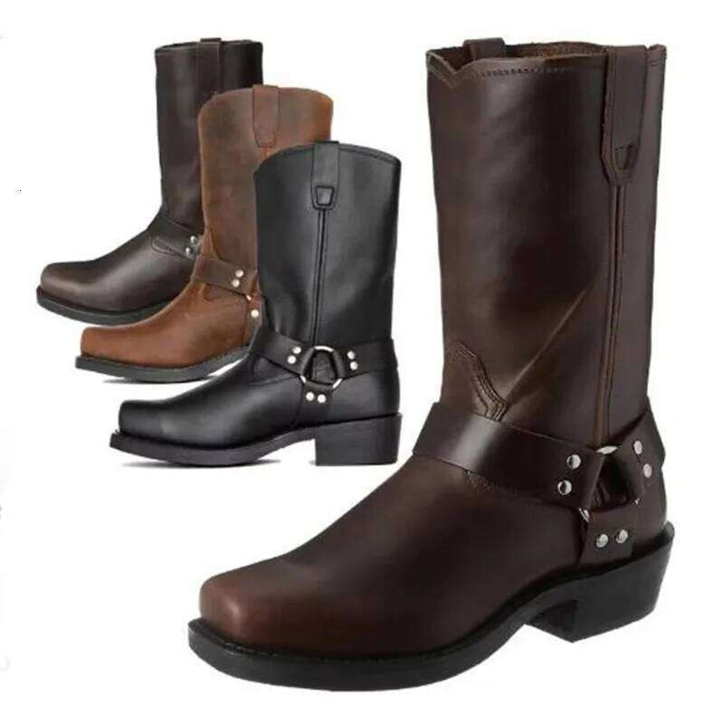 Retro Cowboy Mid Calf Western Boot Men Pu Leather Man Slip On Shoes Winter Knight Boots Booties Plus Size 48