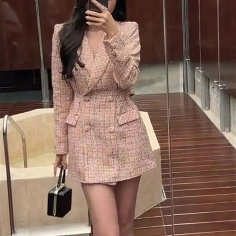 Korean Elegant Women Weave Plaid Tweed Mini Autumn Winter New Fashion Double Breasted Office Lady Slim Party Dress 344P dongdumaoyi