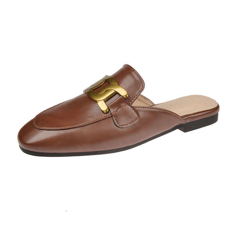 35-41 Designer Shoe Size 2025 Summer Flat Closed-Toe Lazy Mules with Metal Horsebit Half Slippers for Women Backless Outdoor Shoes