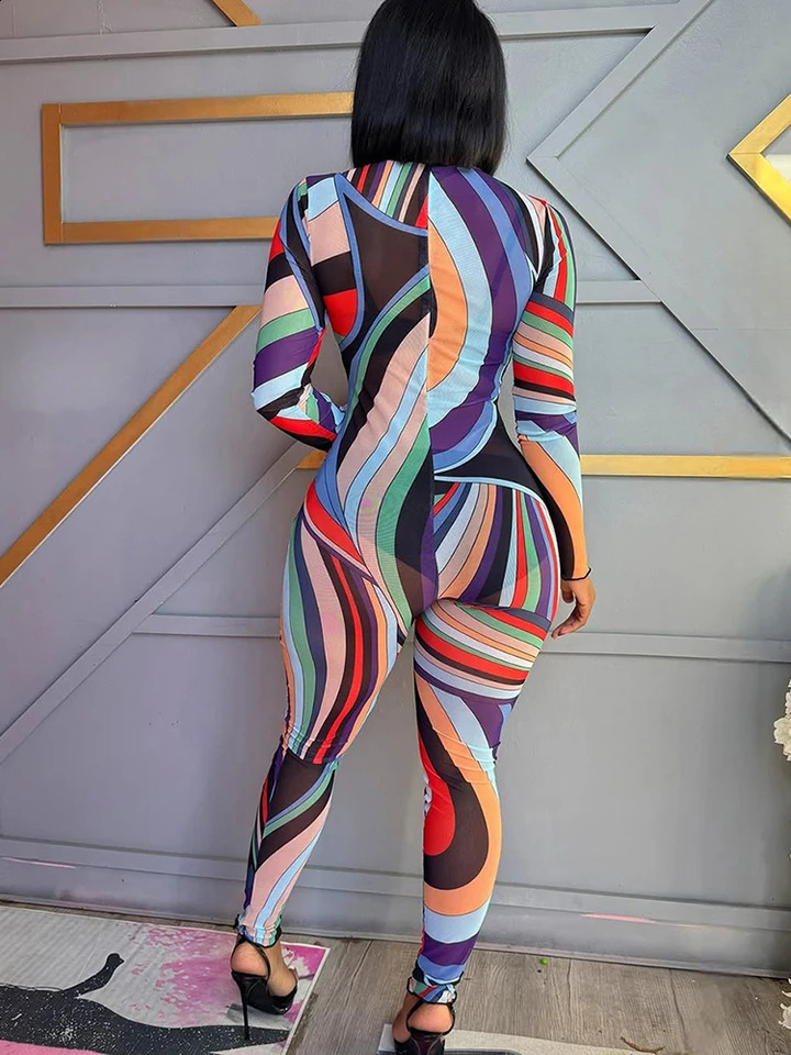 Weird Puss Sexy Colorful Print Jumpsuit Women Mesh Zip Y2K Full Sleeve ONeck Turtleneck Trend Skinny Stretch Workout Overalls 250827
