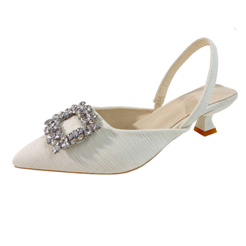 DHGargets 2023 Autumn Women's Low Heel Sandals, Pointed Toe Open-Back Dress Shoes with Rhinestones, Patent Leather Slip-On Pumps