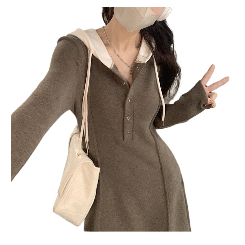 (669) Autumn New Style Waist Dress Plus Size Hooded Long-sleeved Mid-length Dress