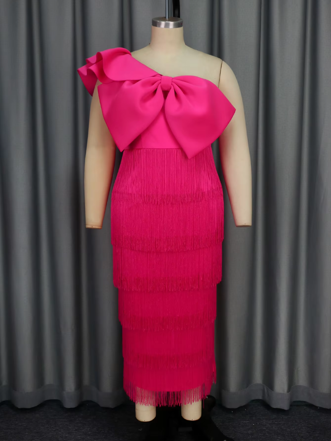 AOMEI Evening Long Gown Large Bow Tassel One Shoulder Short Ruffle Sleeve Plus Size Dress AM041017