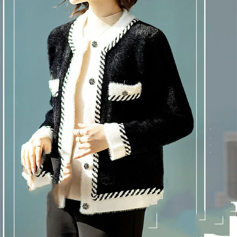 Autumn Winter Lady Round Neck Mink Fur Coat Women Color Collision Knitted Cardigan 2024 Female Long Sleeves Sweater y250827