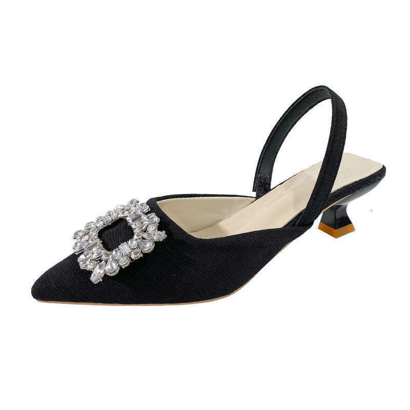 DHGargets 2023 Autumn Women's Low Heel Sandals, Pointed Toe Open-Back Dress Shoes with Rhinestones, Patent Leather Slip-On Pumps