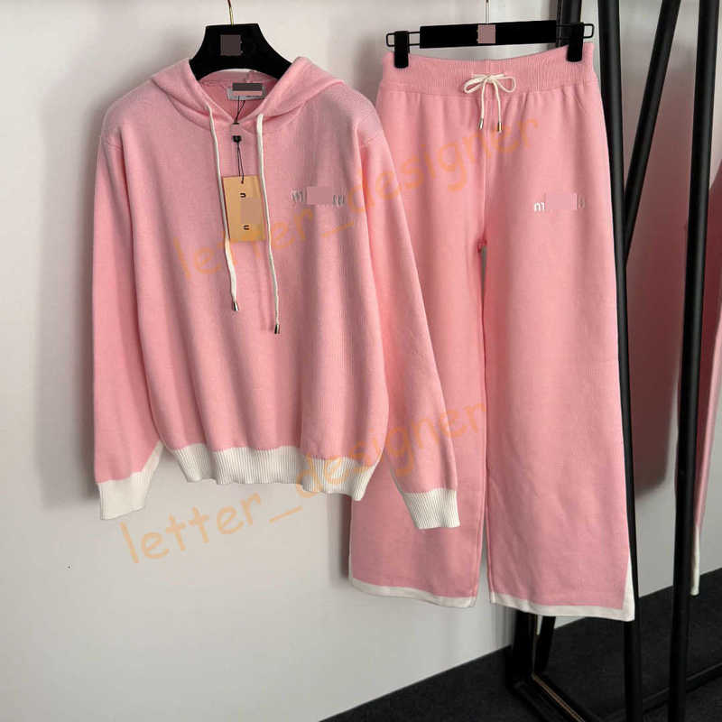 Designer Women's Tracksuits 25 New two piece Knitted Set Embroidered Letters Hooded Color Block Pullover Knitted Sweatshirt High Waist Straight Leg Pants