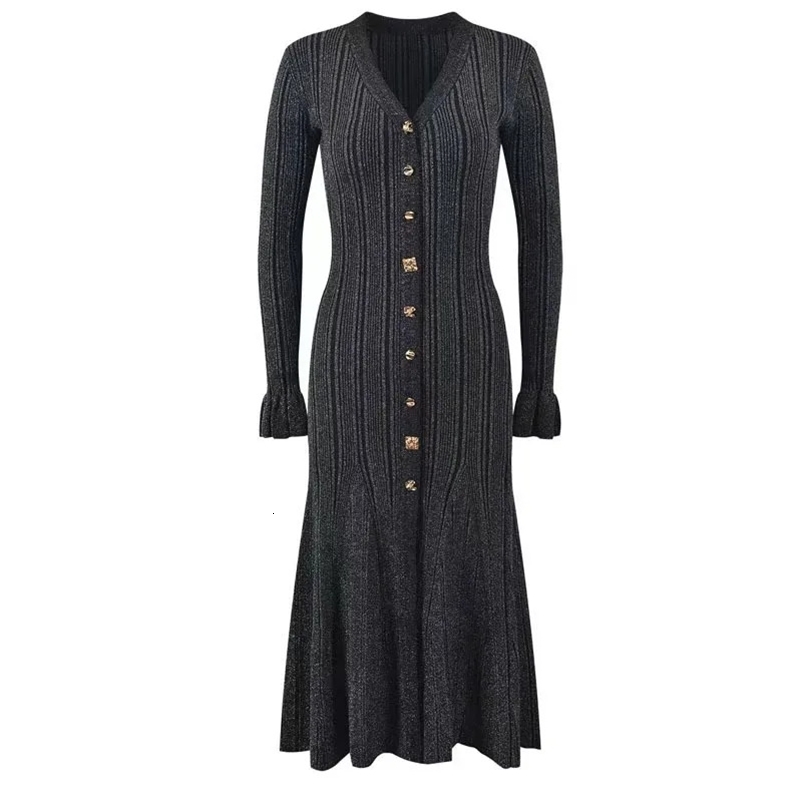 French Style WaistFitted Long Dress Womens Gold Line VNeck Gold Button SingleBreasted Knit Dress Arrival Autumn/Winter 2 250826
