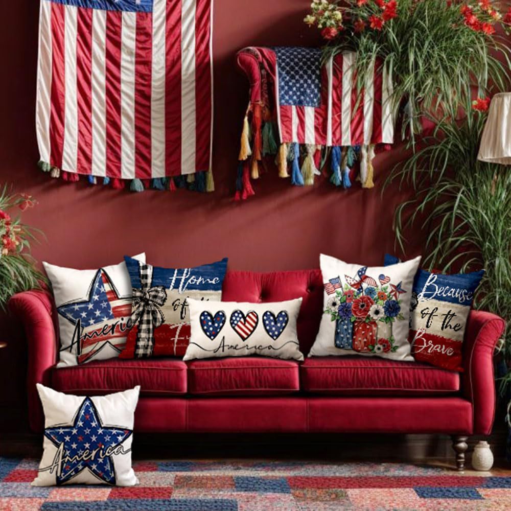 Hot Sale Independence Day Floral Red White Blue Pillowcase Linen Print Home Outdoor Sofa Decorative Cushion Cover