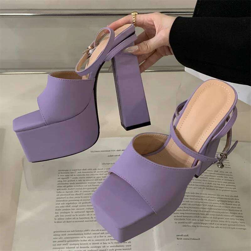 Eilyken New Fashion Chunky Platform Buckle Strap Women Sandals Concise Square Toe High Heels Nightclub Summer Shoes