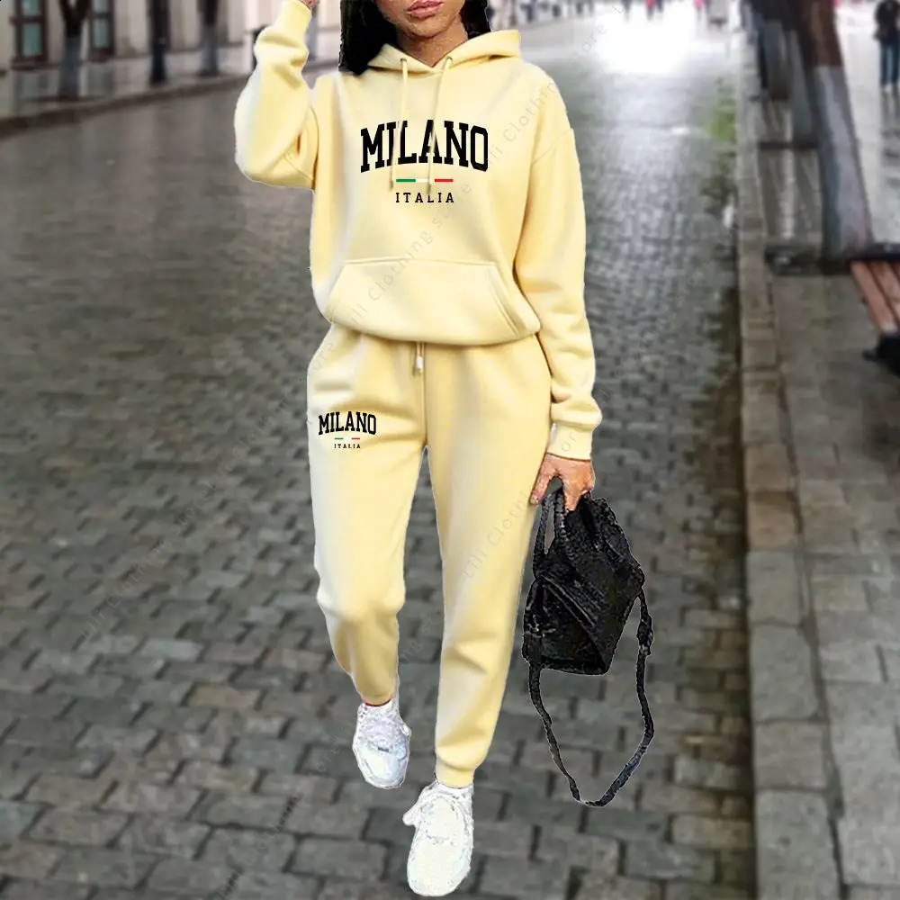 Autumn Winter Womens Sets 2pcs Hoodies Pants Suit Sports Outfits 2025 MILANO Letter Print Aesthetic Clothes Ladies Tracksuit 250827