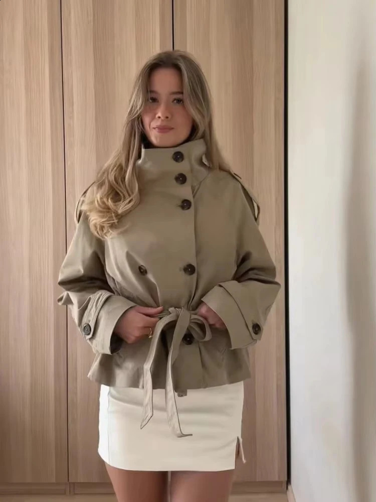 Womens Chic Stand Collar Doublebreasted Belted Waist Cropped Trench Coat Shoulder Epaulets Autumn Casual Street Outerwear 250826