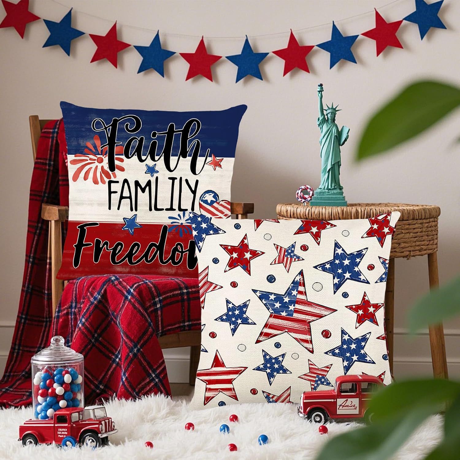 Hot Sale Independence Day Floral Red White Blue Pillowcase Linen Print Home Outdoor Sofa Decorative Cushion Cover