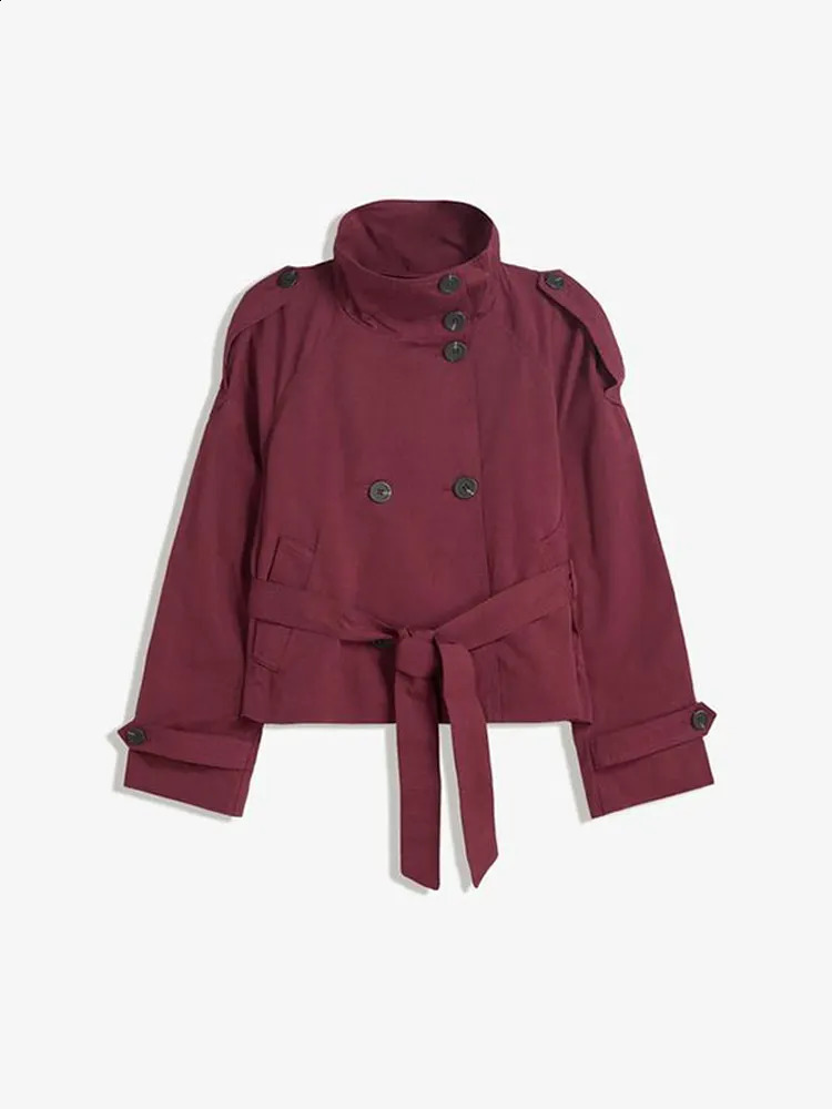 Womens Chic Stand Collar Doublebreasted Belted Waist Cropped Trench Coat Shoulder Epaulets Autumn Casual Street Outerwear 250826