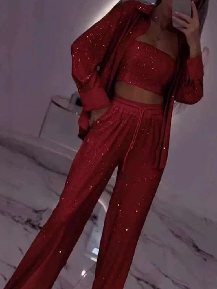 Sexy Elegant Women Sequin Shirt Suit Shiny Vintage Wide Leg Pants 3Pcs Sets Outfits Party Lady Chic Evening Gown Vacation 250827