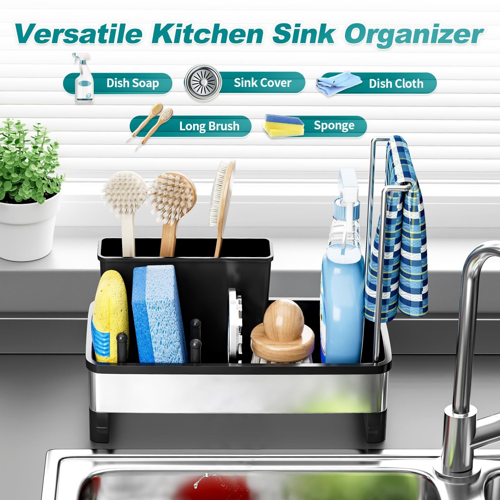 ICEDOG-Soap and Dishcloth Organizer,Removable Brush Holders,Sponge Holder for Kitchen Sink,Rustproof Stainless Steel Sink Caddy with Auto-Drain
