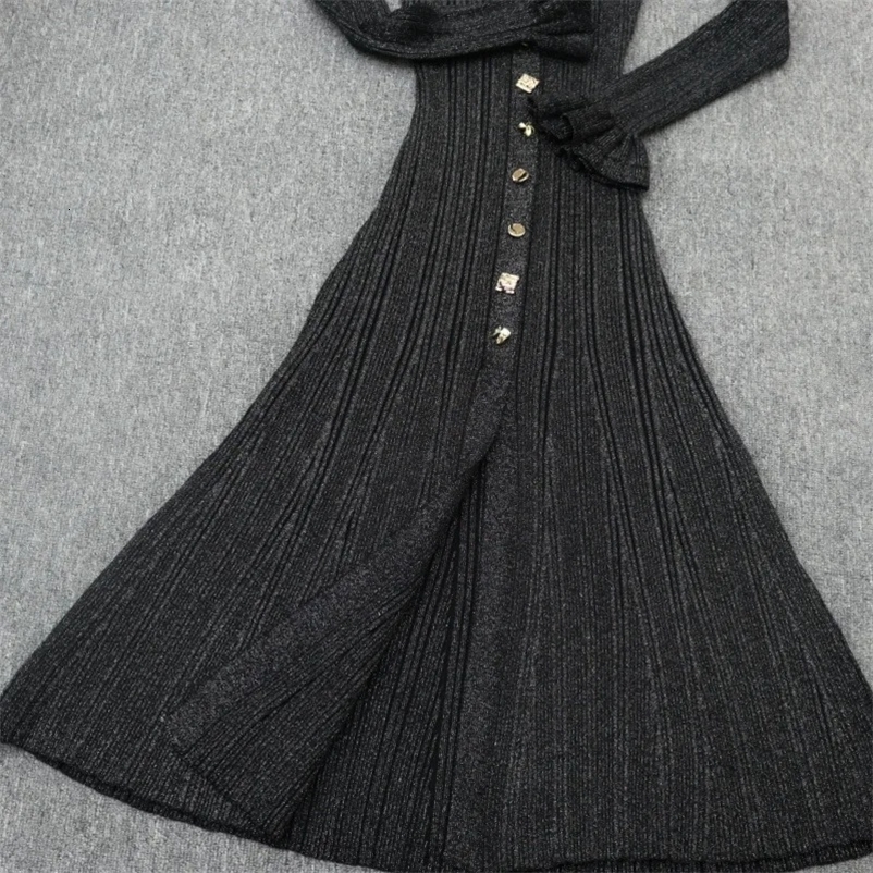French Style WaistFitted Long Dress Womens Gold Line VNeck Gold Button SingleBreasted Knit Dress Arrival Autumn/Winter 2 250826