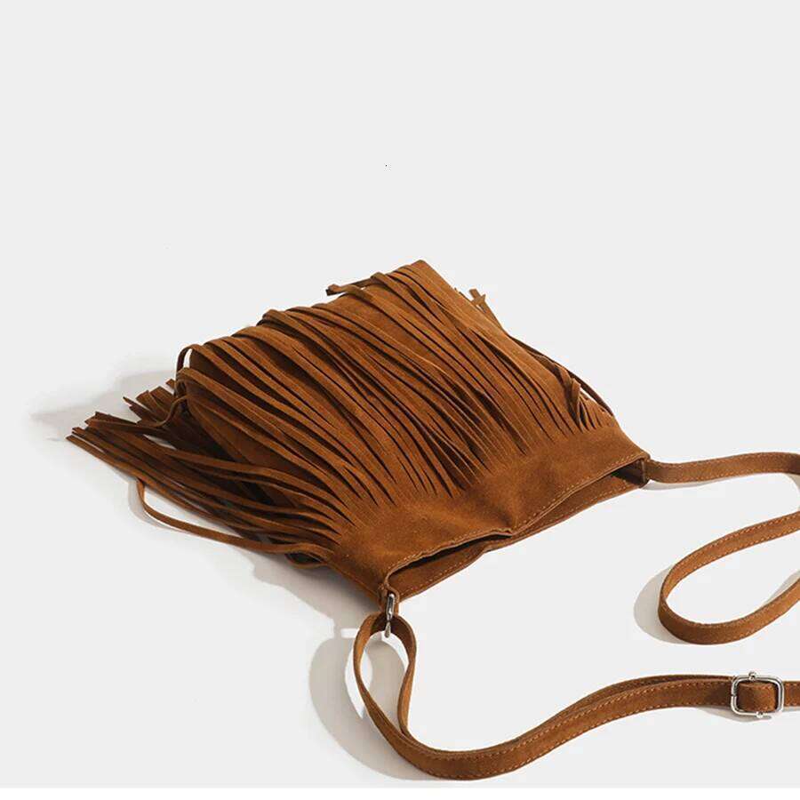 Designer Bags Vintage Suede Tassel Crossbody Bags, Women's Versatile Shoulder Bag, Boho Style Fringe Square Purse, Handbags For Daily Travel Luxu