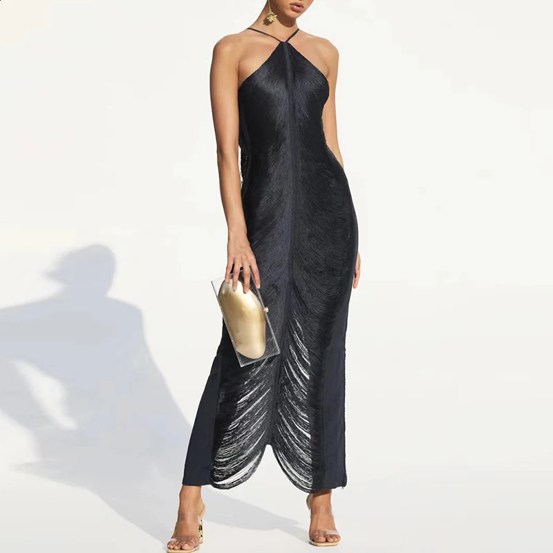 Sexy Hollow Out Sleeveless Tassels Womens Dress Fashion Halter Slim Solid Color Long Dress Elegant High Waist Split Party Dress 250827