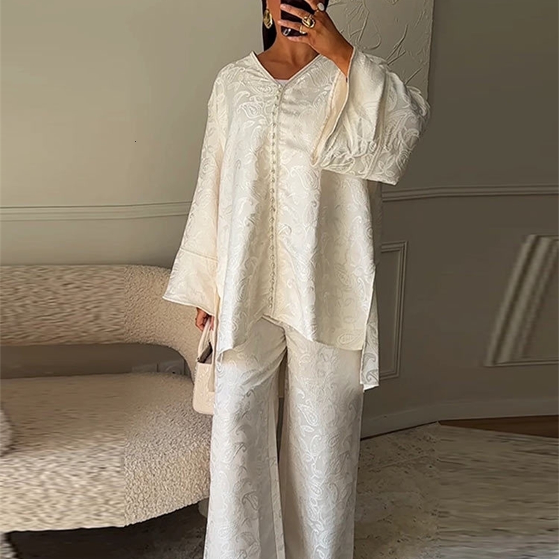 VNeck Jacquard Shirts Pants Woman Set Single Breasted Loose Tops High Waist Straight Trousers Womens Casual Solid Color Suits 250826