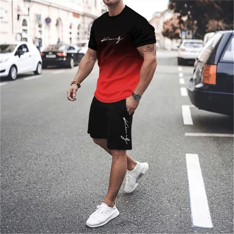 The latest 3D gradient Tshirt and shorts set mens short sleeved Oneck top casual fashionable skateboarding sportswear 250826
