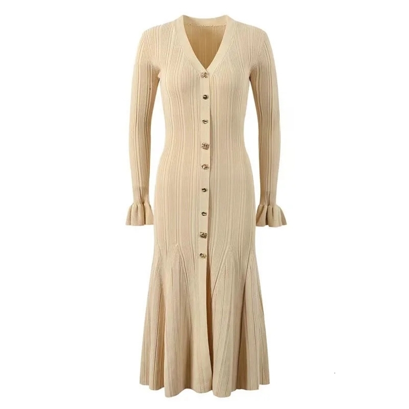 French Style WaistFitted Long Dress Womens Gold Line VNeck Gold Button SingleBreasted Knit Dress Arrival Autumn/Winter 2 250826