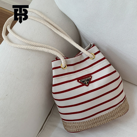 TB BHULAMTE Designer Luxury Women's Drawstring Striped Bucket Crossbody Bag Handbag Summer Versatile Retro Commuter Simple Texture Single Shoulde