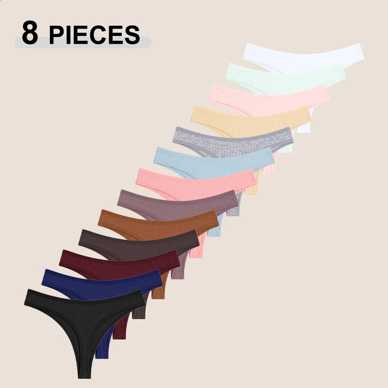 8Pcs/Set Cotton Seamless Thongs For Women Sexy Low Rise Solid Color Breathable Pantys Female Comfortable Soft GString Underpant250826
