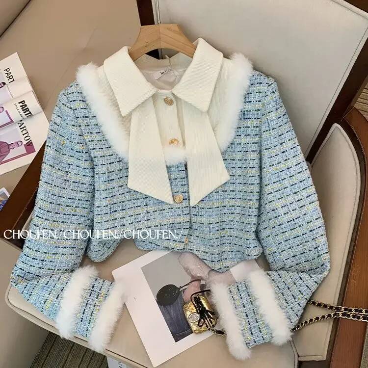Temperament Tweed Jacket Patchwork Top Plaid Coat Fleece Thick Wide Leg Womens Two Peice Sets Pantalon Femme Chic New Autumn dongdumaoyi