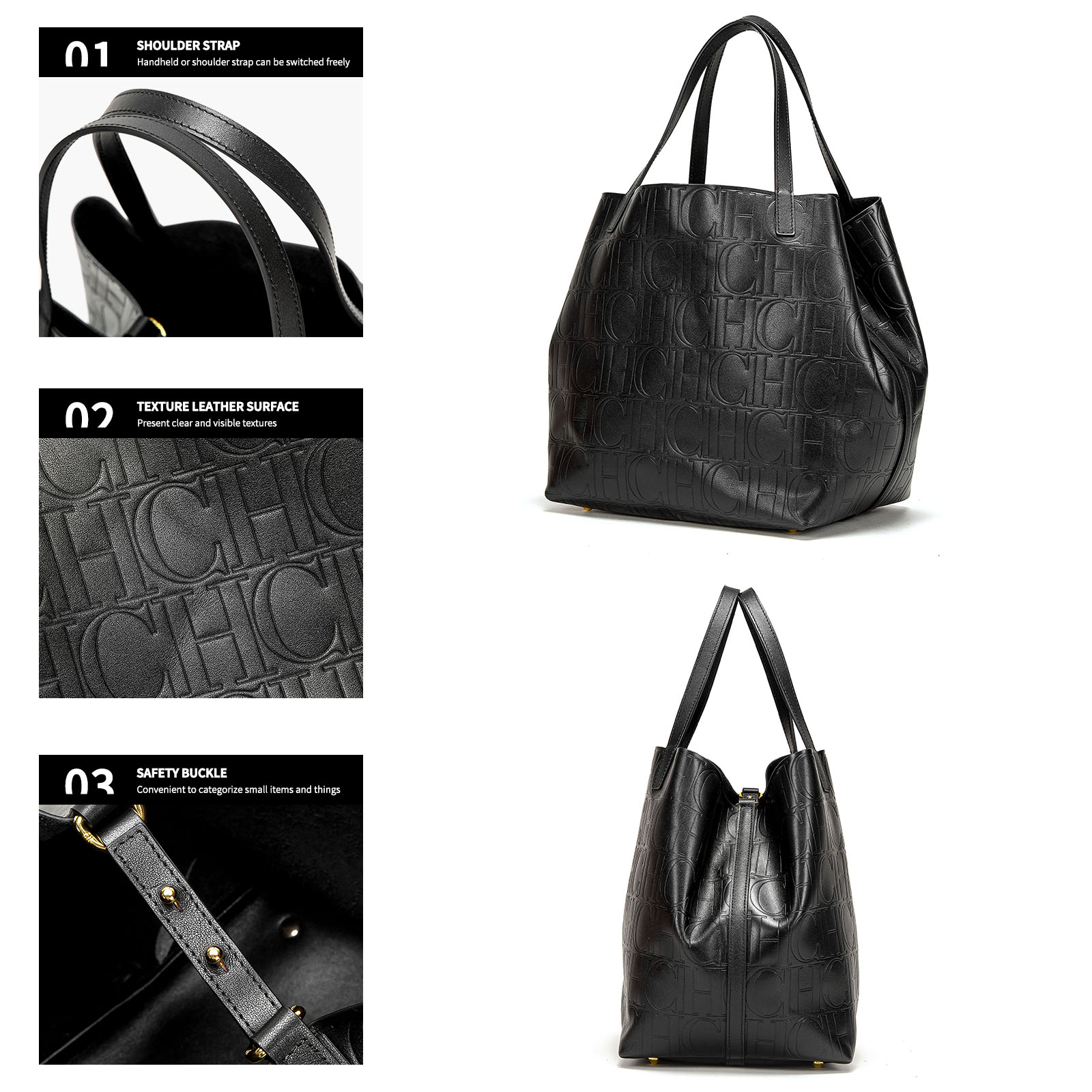 CHCH Genuine Leather Totes Embossed Geometric Letter Patterns Structured Silhouettes Adjustable Straps & Durable Cowhide Totes